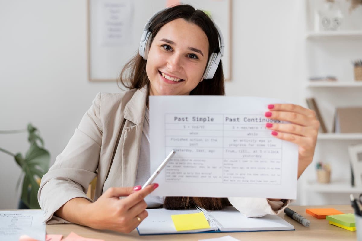 English tutor explaining grammar concepts to a student online